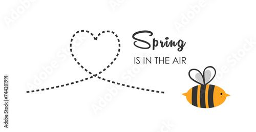spring is in the air lettering text with a bee flying a heart
