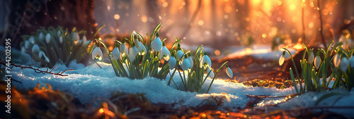 snowdrops in the morning, in the style of landscape-focused, photo-realistic landscapes, whimsical nature