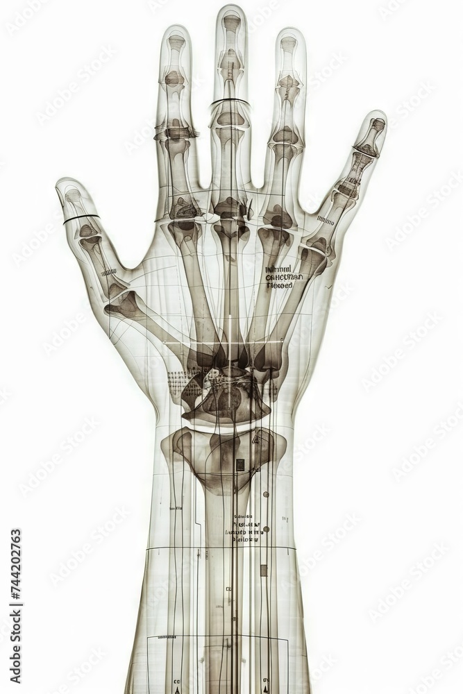 x-ray image of a AI hand, white background  