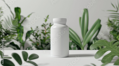 A mockup of a blank supplement bottle sitting on a clean white background with plants behind,