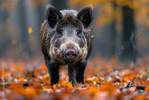 Small Pig Walking Through Leaf Covered Forest