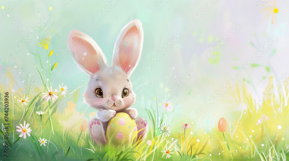Cute Easter bunny on a flowery forest or field background for Easter party concept