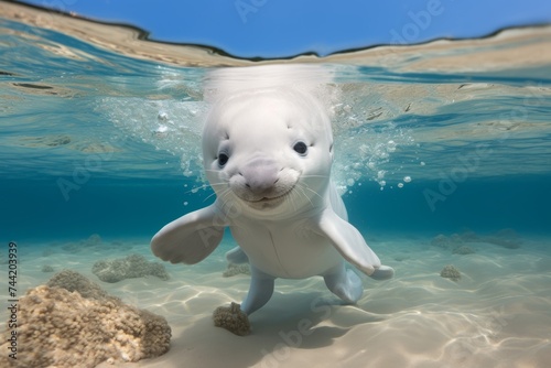 A Fascinating Encounter with an Albino Dugong Swimming Gracefully Among Vibrant Coral Reefs in Crystal Clear Turquoise Waters of a Tropical Paradise, With a Joyful Smile and Flippers Extended © katrin888