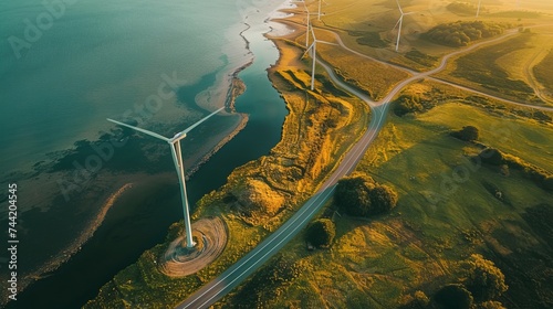 Capturing the beauty and harmony of renewable energy, a stunning aerial shot of a wind turbine overlooking a serene estuary and continental shelf, highlighting the importance of preserving our water  photo