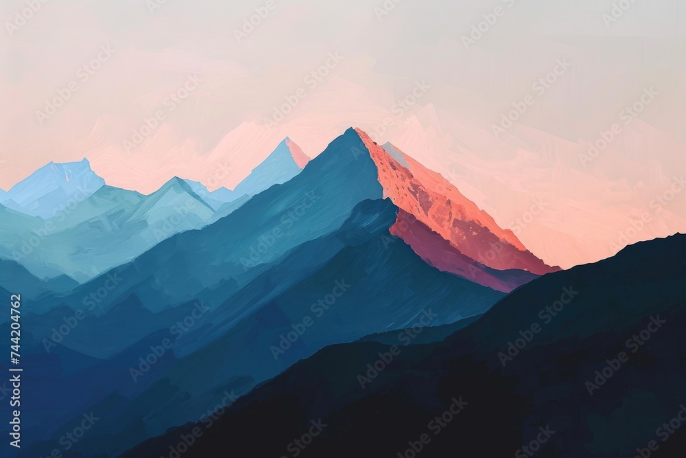 A stunning painting capturing the beauty of a mountain range bathed in the warm hues of a setting sun, Geometric abstraction of a mountain range at dusk, AI Generated