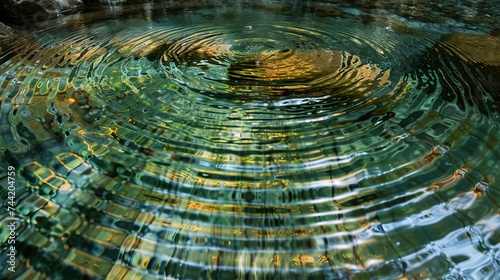 A tranquil pool glistens under the warm sun  its surface disrupted by the mesmerizing ripples of a single drop  creating a beautiful reflection of nature s serene essence