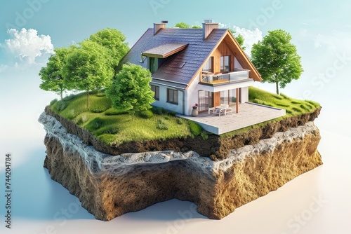 House With Trees on Top of Land, Geothermal heating and cooling systems in the construction of energy-efficient residential buildings, AI Generated