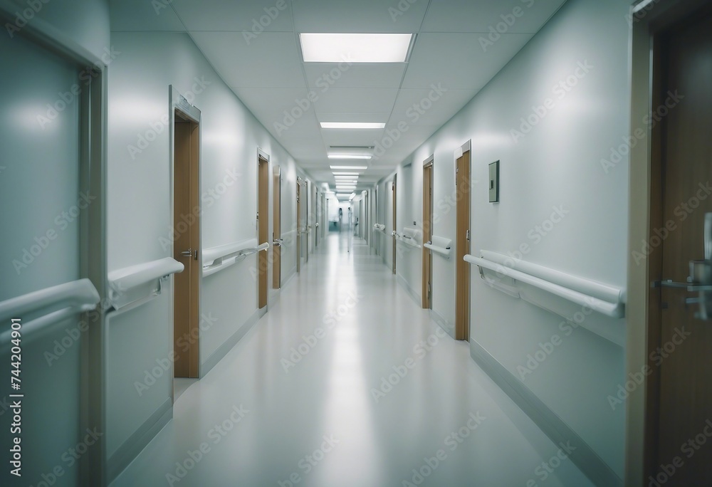 Blur image background of corridor in hospital or clinic image Empty modern hospital corridor, clinic hallway interior background
