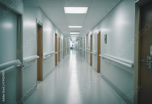 Blur image background of corridor in hospital or clinic image Empty modern hospital corridor, clinic hallway interior background © FrameFinesse