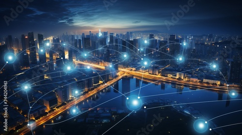 Modern city with wireless network connection and city scape concept.Wireless network and Connection technology concept with city background at night © Elchin Abilov