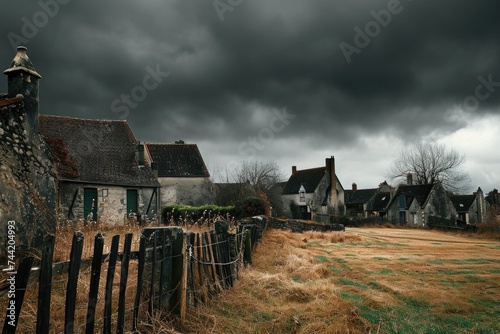 A view of a field with a fence and several houses in the background, Gloomy skies over an abandoned countryside town, AI Generated