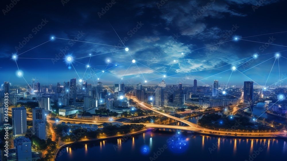 Modern cityscape and communication network concept. Telecommunication. IoT (Internet of Things). ICT (Information communication Technology). 5G. Smart city. Digital transformation