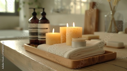 Natural eco-friendly wax candles with a natural scent for aromatherapy, harmony, self-knowledge, meditation and calmness, relaxation. Spa salone in home photo