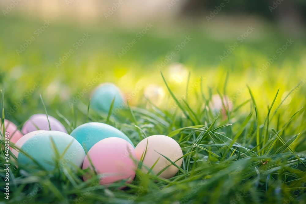 Colorful Easter Eggs Nestled in Lush Green Grass with Sunlight. Egg hunt, childrens Easter tradition