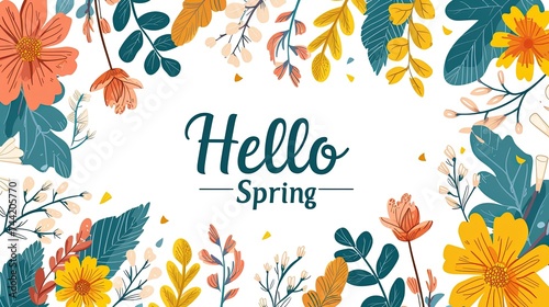 Illustration in a minimalist botanical style with a spring mood and new fresh flowers and herbs with the text “Hello Spring” in the centre on white background photo