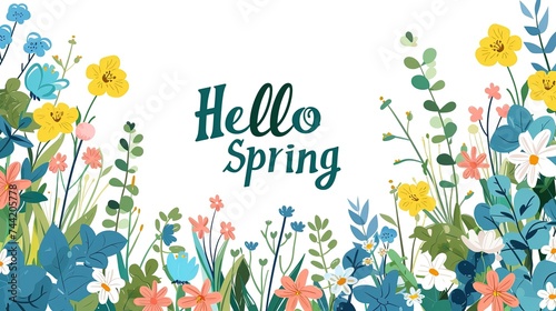 Illustration in a minimalist airy botanical style with a spring mood and new fresh flowers with the text “Hello spring” in the centre on white background photo