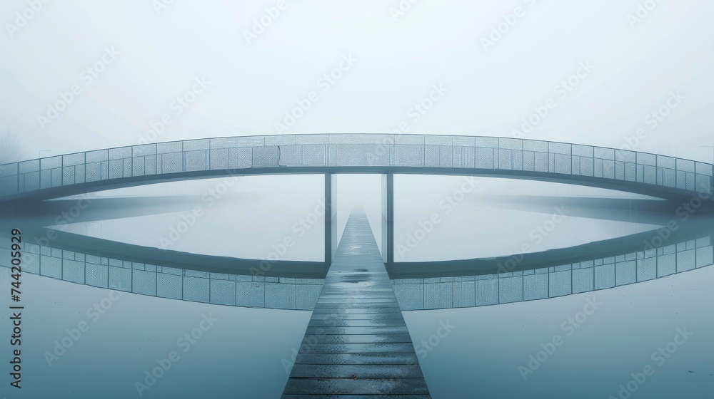 Fototapeta premium A misty sky envelops a towering building and a bridge, creating a surreal scene of reflection and connection between land and water