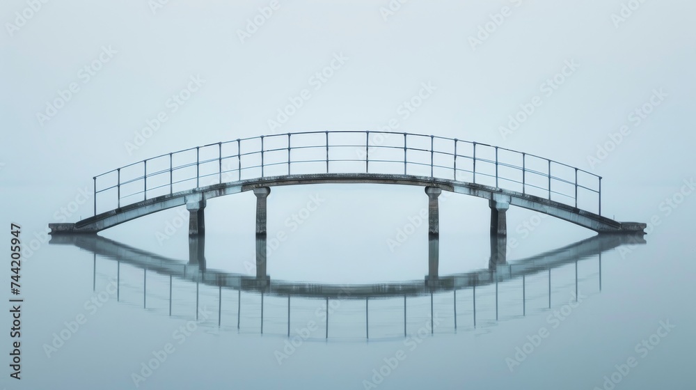 Fototapeta premium A mysterious bridge stands tall over a tranquil body of water, shrouded in fog and reflecting the vastness of the sky, creating a surreal outdoor landscape