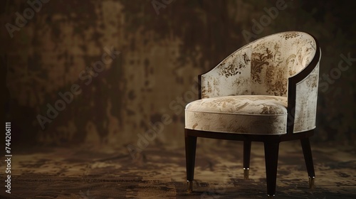Advertising - podium photo of beautiful modern dining room chair with old faction fabric old fabric peeling off nicely and a nice new lather being upholstered on a solid background  photo