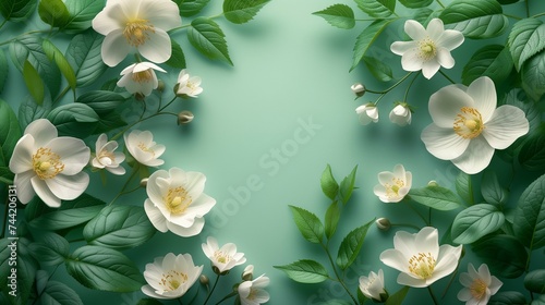 Floral spring background, frame of jasmine flowers on light green background