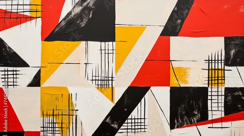 Painting with red white black and yellow geometric pattern made with acrylic paints as abstract background photo