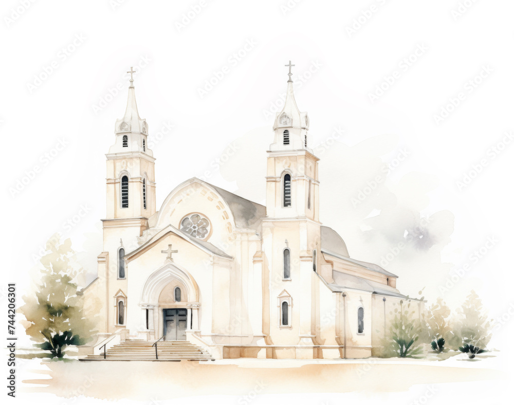 Watercolor Catholic Church Painting on White, wedding Clip art