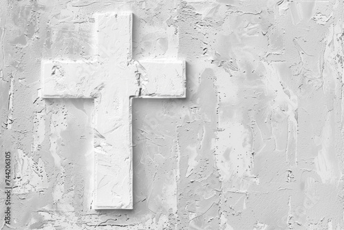 White Stone Cross on Rough White Stone Textured Background