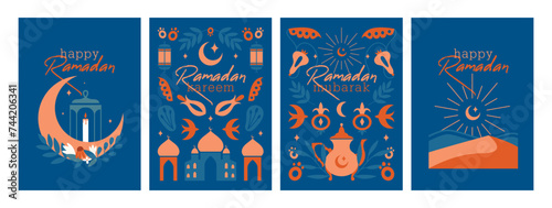 Ramadan Mubarak. Ramadan Kareem. Set of islamic cards, banners with greetings, vector modern illustrations of mosque, crescent, lantern, oil lamp, plants, moon. Flat clip arts in boho oriental style.