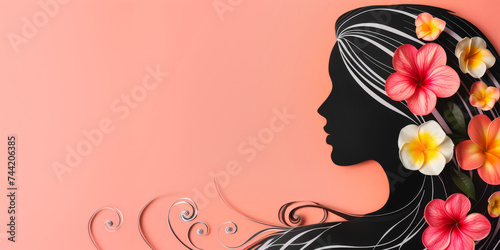 Woman Profile with Flowers Paper Cut Style Banner with Copy Space