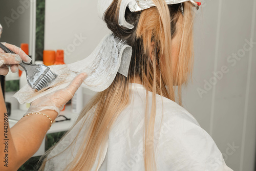 Woman in beauty salon changing her look. Stylist bleaching her client's hair. Hairdresser and cosmetics.