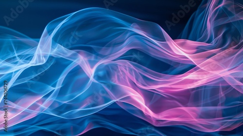 A swirling blend of vibrant blue and delicate pink hues dance within a mesmerizing fractal formation, evoking a sense of otherworldly beauty and mystique in the form of ethereal smoke