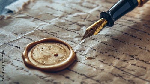 Authentic official luxury letter with a gold sealing wax stamp. Writing a letter with an old classic fountain pen dipped in ink and wax stamp seal.