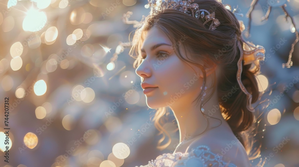 A regal bride adorned with a sparkling tiara, radiating elegance and confidence in her outdoor portrait A regal bride adorned with a sparkling tiara, radiating elegance and confidence in her outdoor portrait