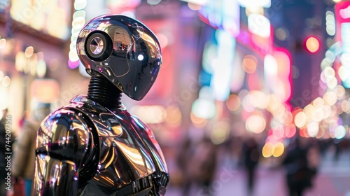 A sleek and modern robot stands illuminated by the vibrant city lights on a bustling street, its shiny black garment reflecting the urban energy of the outdoor world