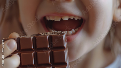Close-up of a child s mouth eating delicious chocolate for Easter party concept.