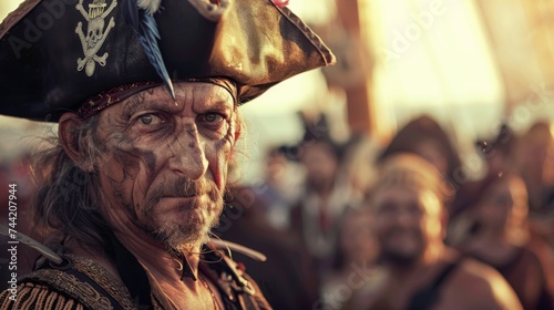 A rugged man with a mischievous smile dons a pirate hat, adding an air of adventure to his already captivating human face