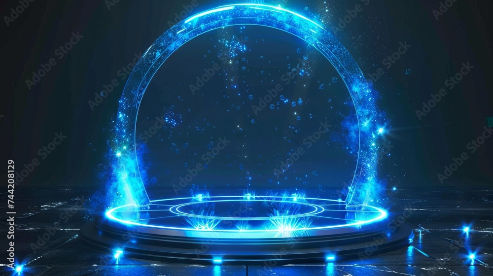 Blue hologram portal. Magic fantasy portal. Magic circle teleport podium with hologram effect. Abstract high tech futuristic technology design. Round shape. Circle Sci-fi element light and lights. 
