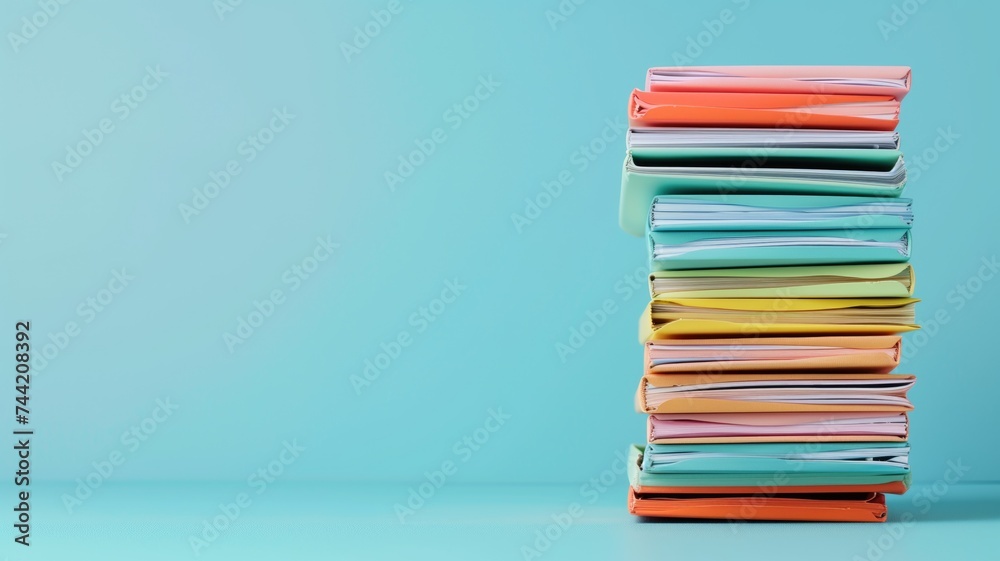 Stack of colorful folders on a light blue background - obrazy, fototapety, plakaty 