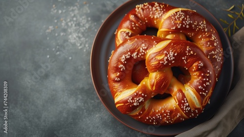 A golden pretzel on a brown plate with a blue backdrop