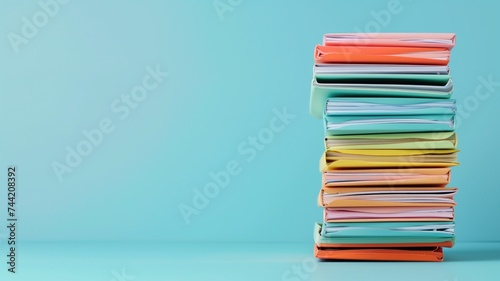 Stack of colorful folders on a light blue background photo