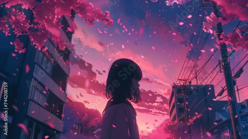 An anime style movie poster with the stylized words TOMORROW, with a girl looking upwards at the night sky photo