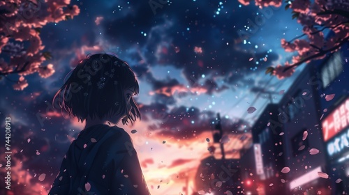 An anime style movie poster with the stylized words TOMORROW, with a girl looking upwards at the night sky photo