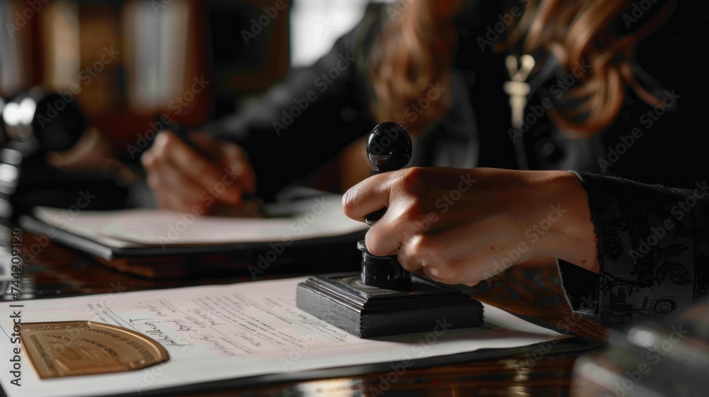 businesswoman person's hand stamping with approved stamp on certificate document public paper at desk, people work in notary law or business finance agreements, lawyer paperwork in confidential