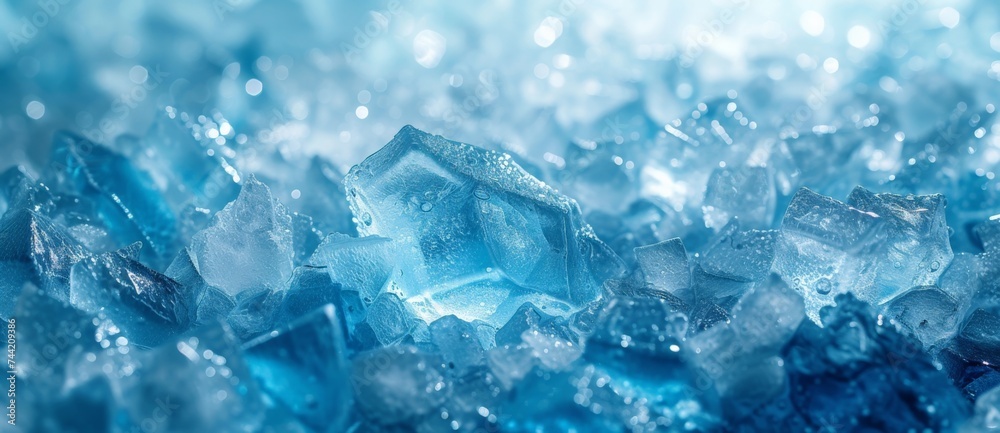 Closeup of beautiful blue ice crystals on water surface with droplets in background, creating a stunning winter texture
