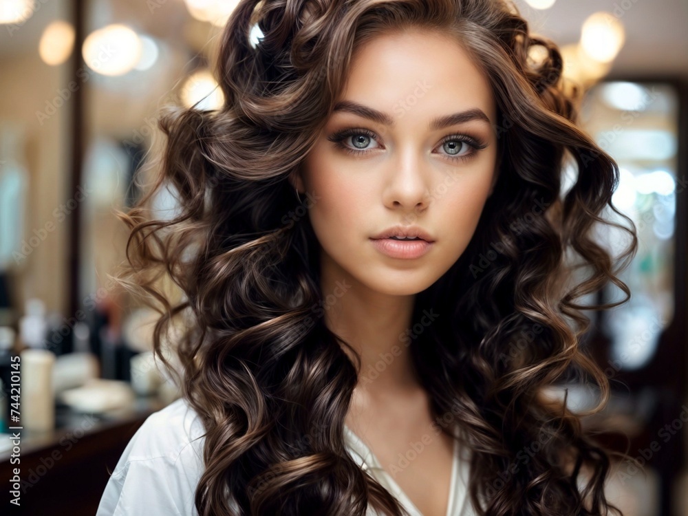Beautiful girl with curly hair in a beauty salon, clear look of beautiful eyes Beautiful girl with curly hair in a beauty salon, clear look of beautiful eyes