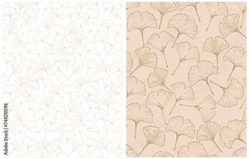 Trendy Seamless Vector Pattern with Hand Drawn Ginkgo Biloba Leaves. Olive Green and Light Brown Ginkgo Leaves on a White and Blush Beige Background. Lovely Floral Repeatable Vector Pattern.