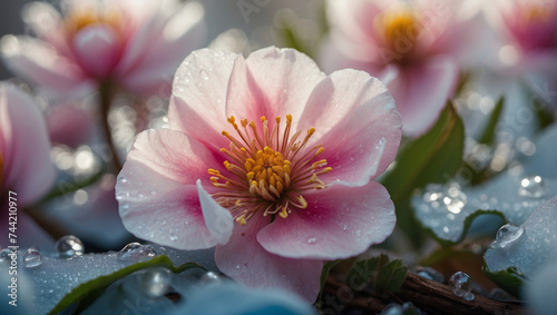 Delicate pink flower unfurling from beneath the icy blanket  a kaleidoscope of colors emerging to greet the warm embrace of spring.