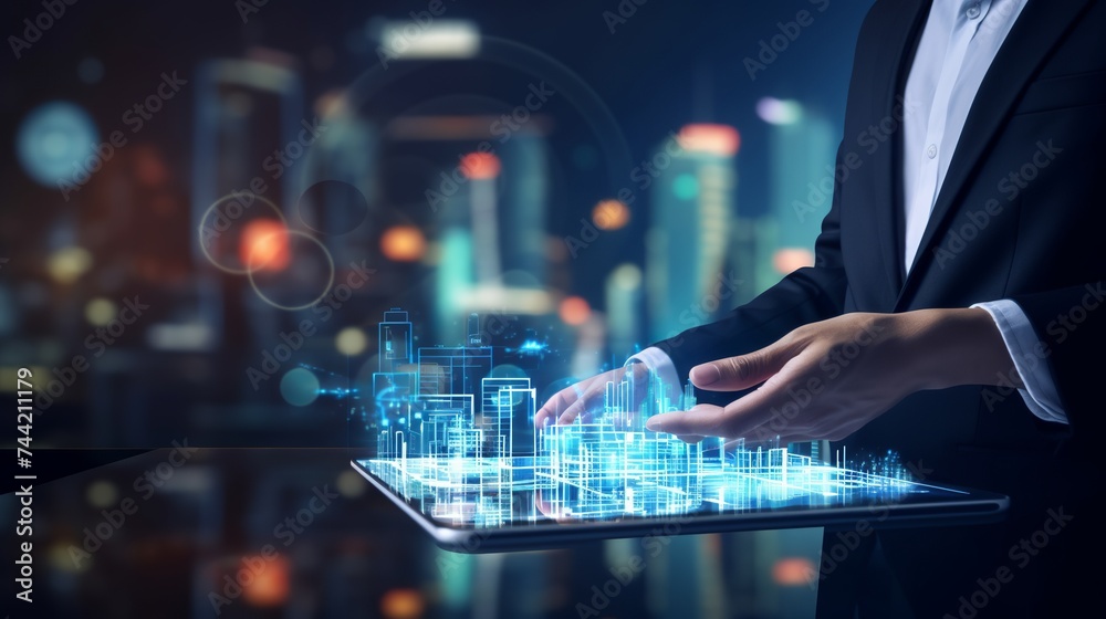 Waiter hand holding an empty digital tablet with Smart city with smart services and icons, internet of things, networks and augmented reality concept , night scene Waiter hand holding an empty digital tablet with Smart city with smart services and icons, internet of things, networks and augmented reality concept , night scene