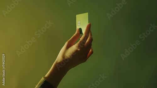 Close-up female hand holds levitating template mockup Bank credit card with online service isolated on green background 