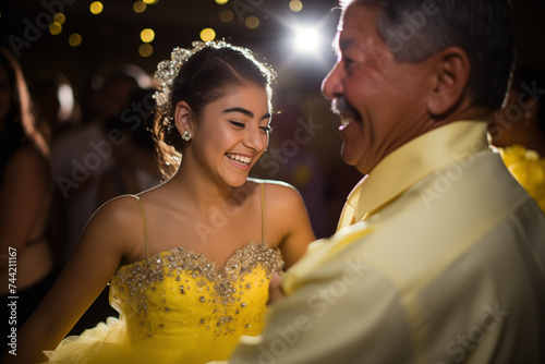 beautiful 15 year old Latina quince girl dressed in yellow sparkly dress at her quinceanera party dancing with her father photo